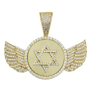 1 1/2" Star of David Wing CZ Medallion Frame Memory Pendant 10K Yellow Gold