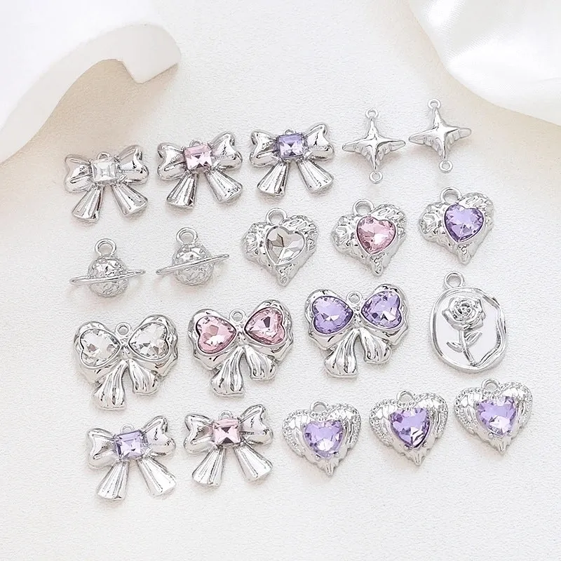 1 Piece 17*13mm 19*16mm 23 * 20mm Alloy Rhinestones Heart Shape Rose Bow Knot Polished Pendant