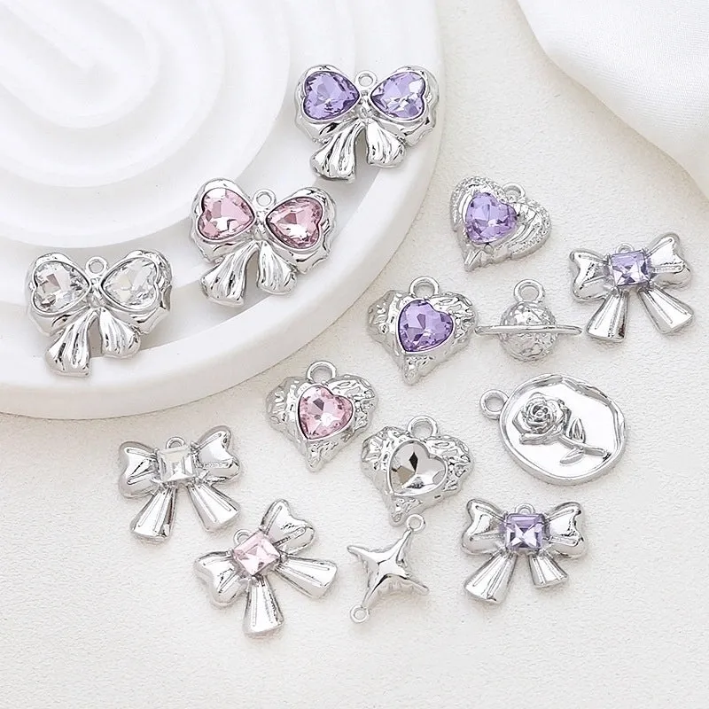 1 Piece 17*13mm 19*16mm 23 * 20mm Alloy Rhinestones Heart Shape Rose Bow Knot Polished Pendant