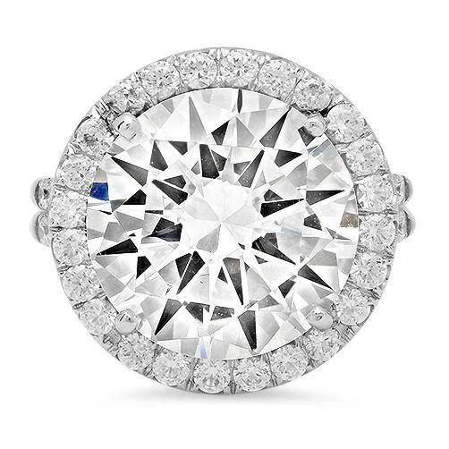 12 Carat Round High Quality Cubic Zirconia Center Halo Pave Style Engagement Ring 14k White Gold