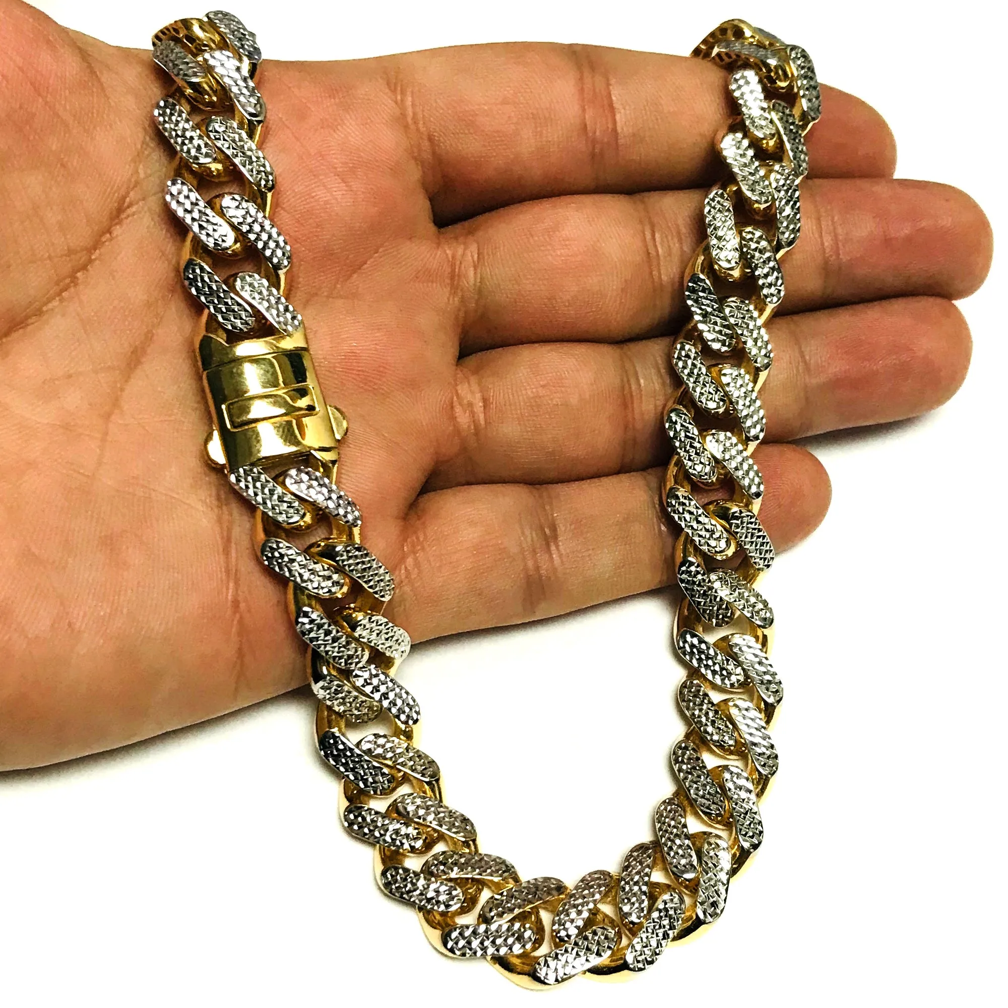 14k Yellow And White Gold Miami Cuban Pave Link Chain Necklace, Width 13.5mm, 24"