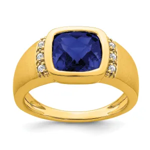 14k Yellow Gold Created Sapphire Stone Diamond Mens Ring.