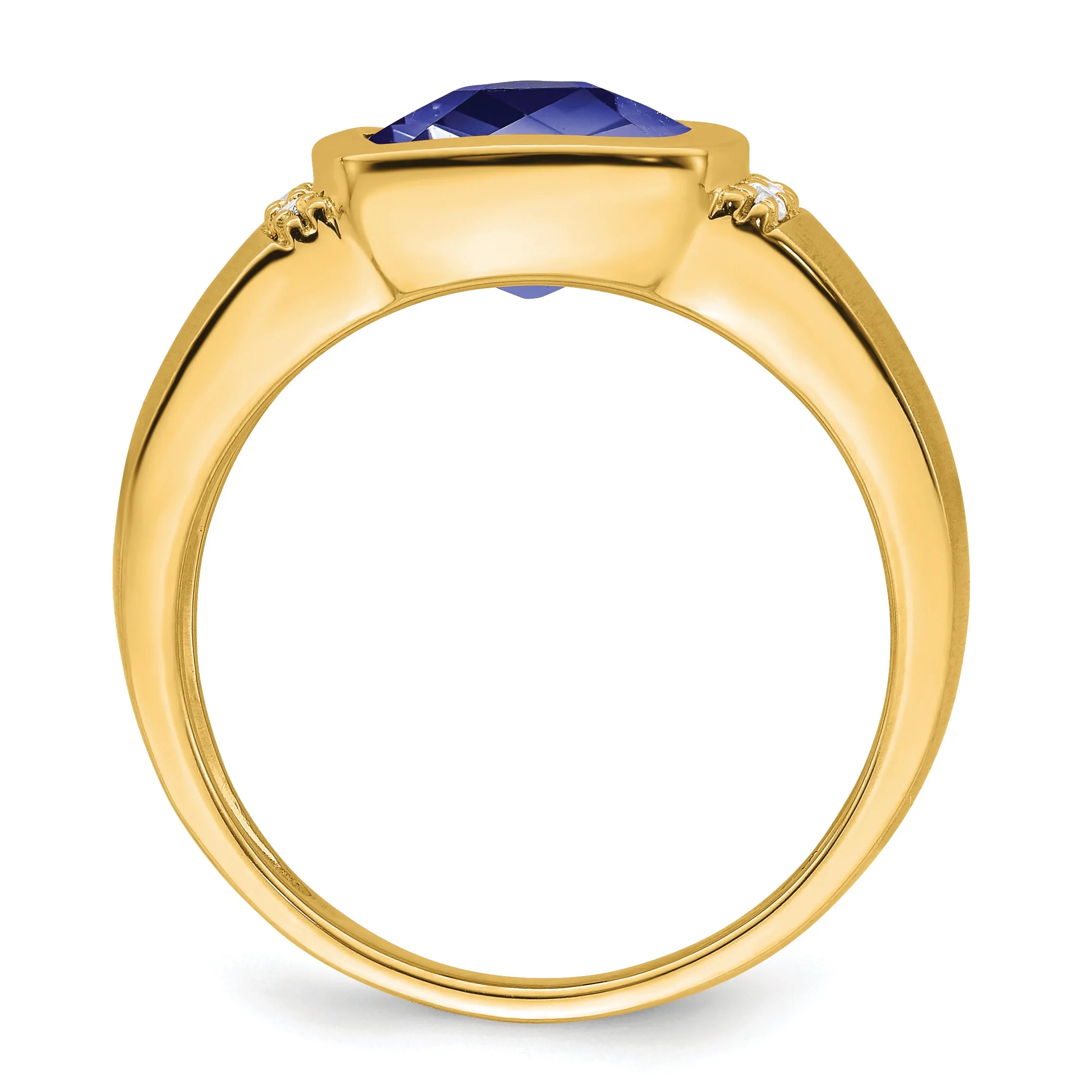 14k Yellow Gold Created Sapphire Stone Diamond Mens Ring.