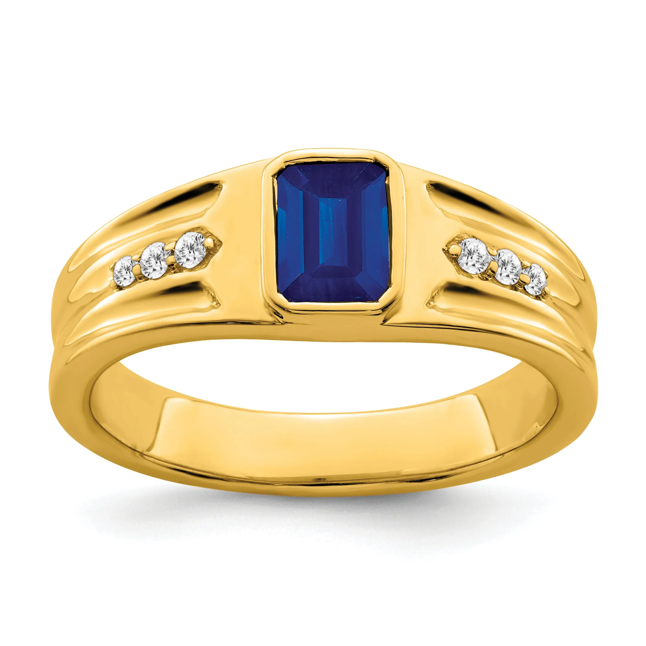 14k Yellow Gold Created Sapphire Stone Diamond Mens Ring.