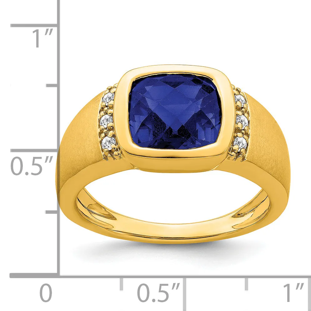 14k Yellow Gold Created Sapphire Stone Diamond Mens Ring.