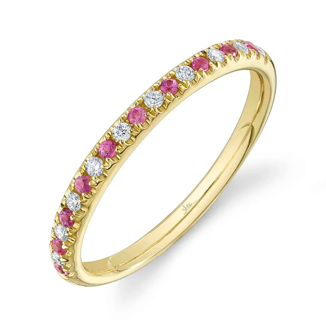 14k Yellow Gold Pink Sapphire & Diamond Alternating Straight Stackable Band