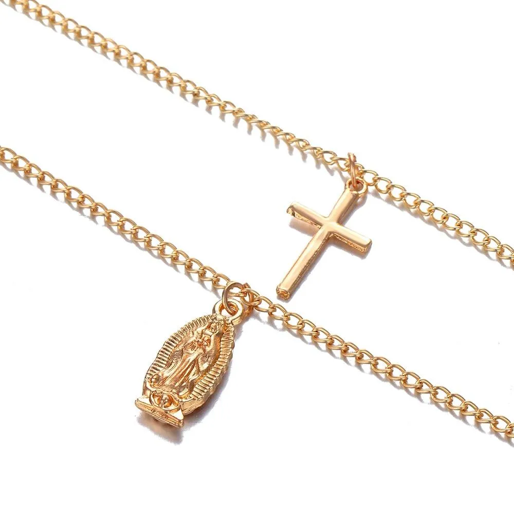 2-Chain Gold Necklace with Cross and Virgin Mary Pendant