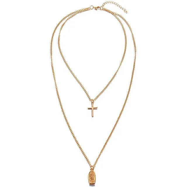 2-Chain Gold Necklace with Cross and Virgin Mary Pendant