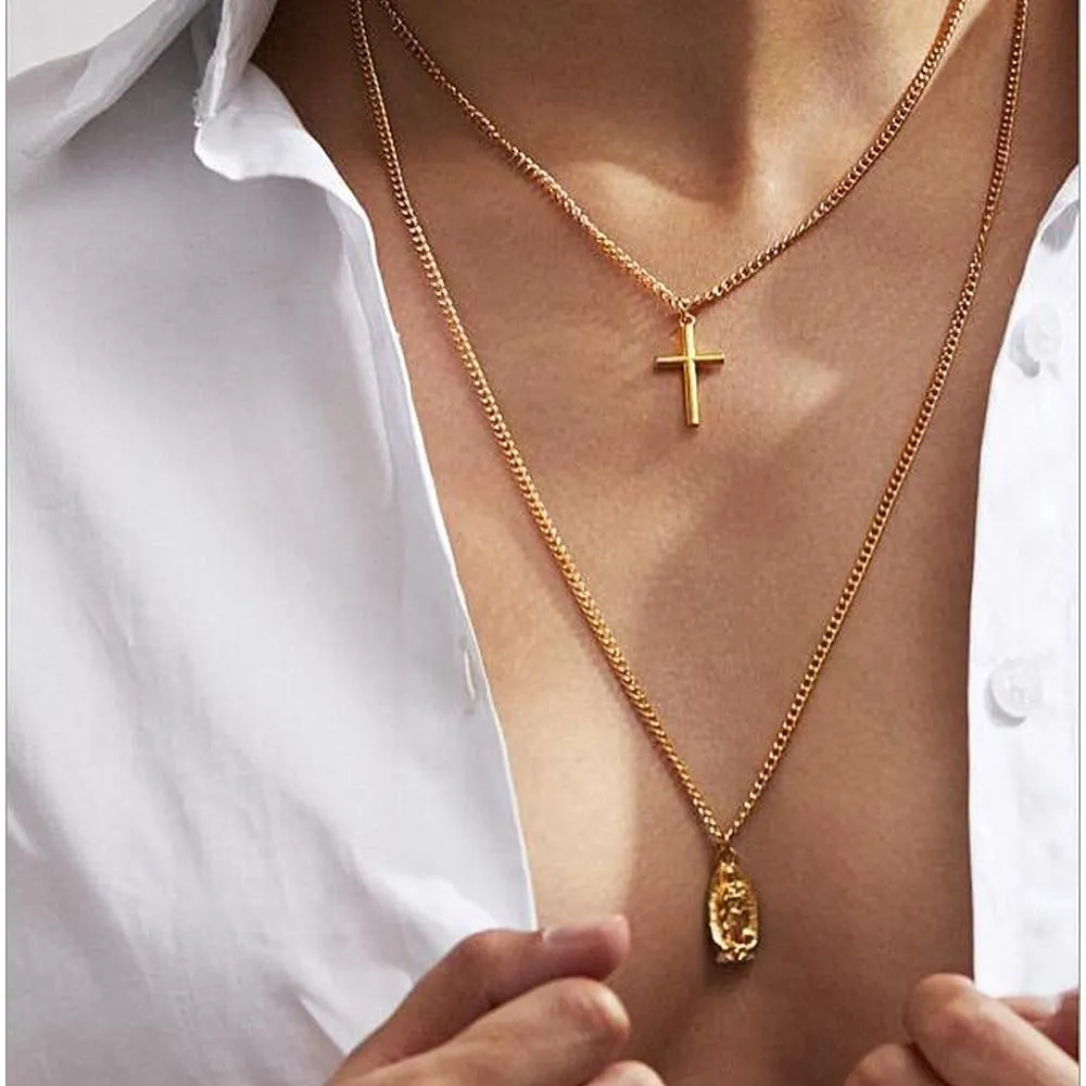 2-Chain Gold Necklace with Cross and Virgin Mary Pendant