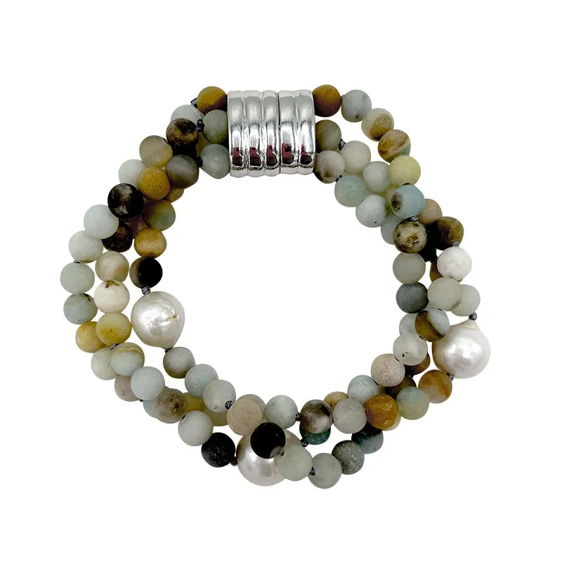 215-09 | 3-STRAND AMAZON STONE QUARTZ & PEARL BRACELET