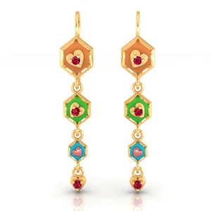 22k Gold Earrings With Hexagonal Shapes And A Heart Drop