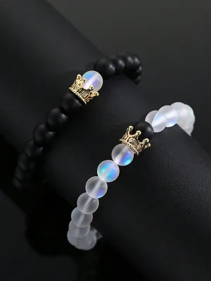 2pcs/set Matching Bracelets Crown Decor Beaded Bracelet For Couple