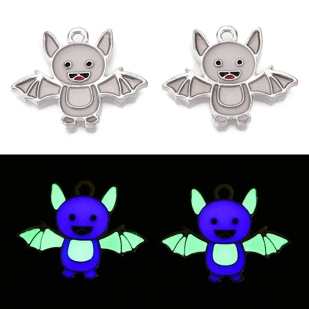 4 Bat Silver Tone Enamel Charms - Glow in the Dark! - E1678