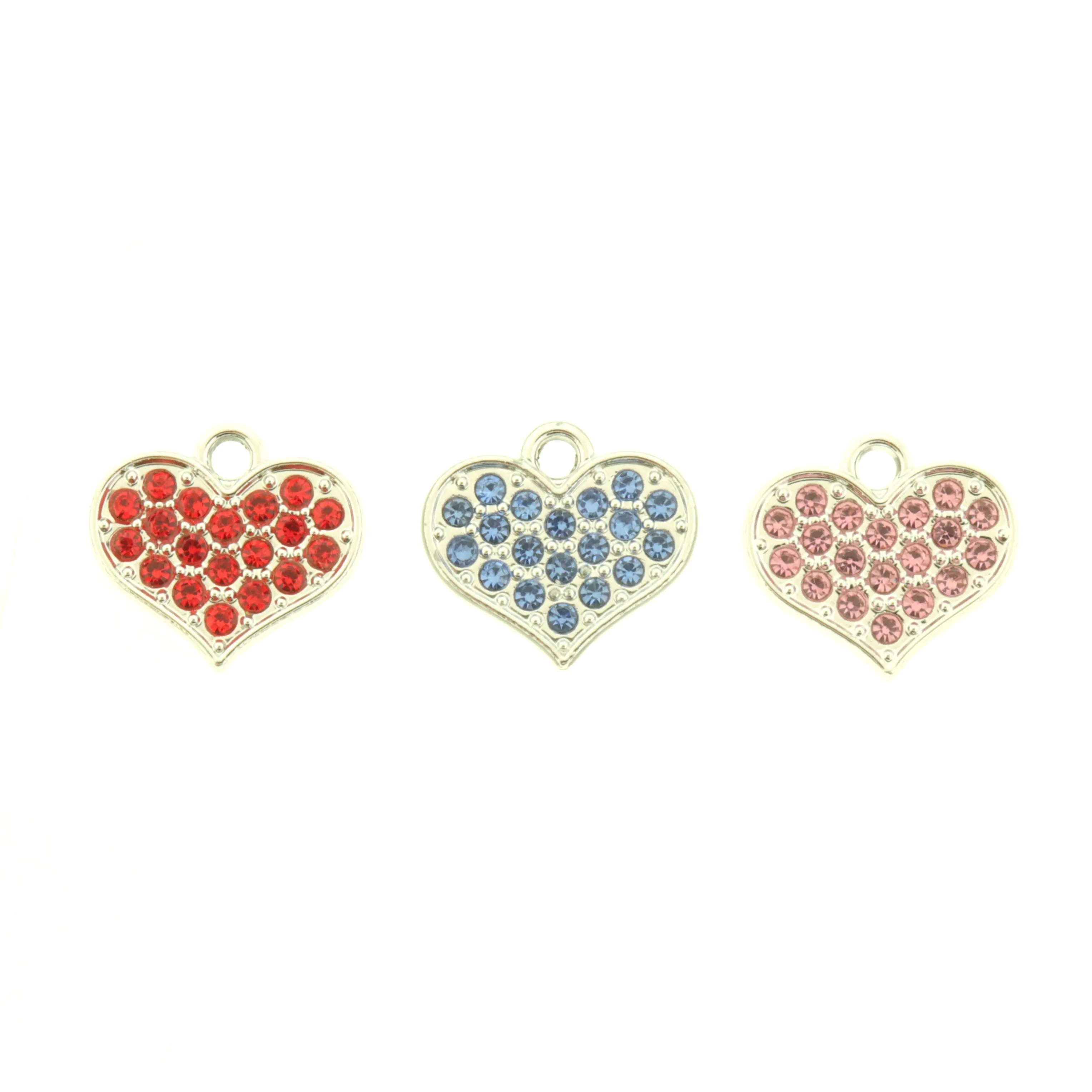 4 Heart Rhinestone Silver Tone Brass Charms - Choose Your Color!