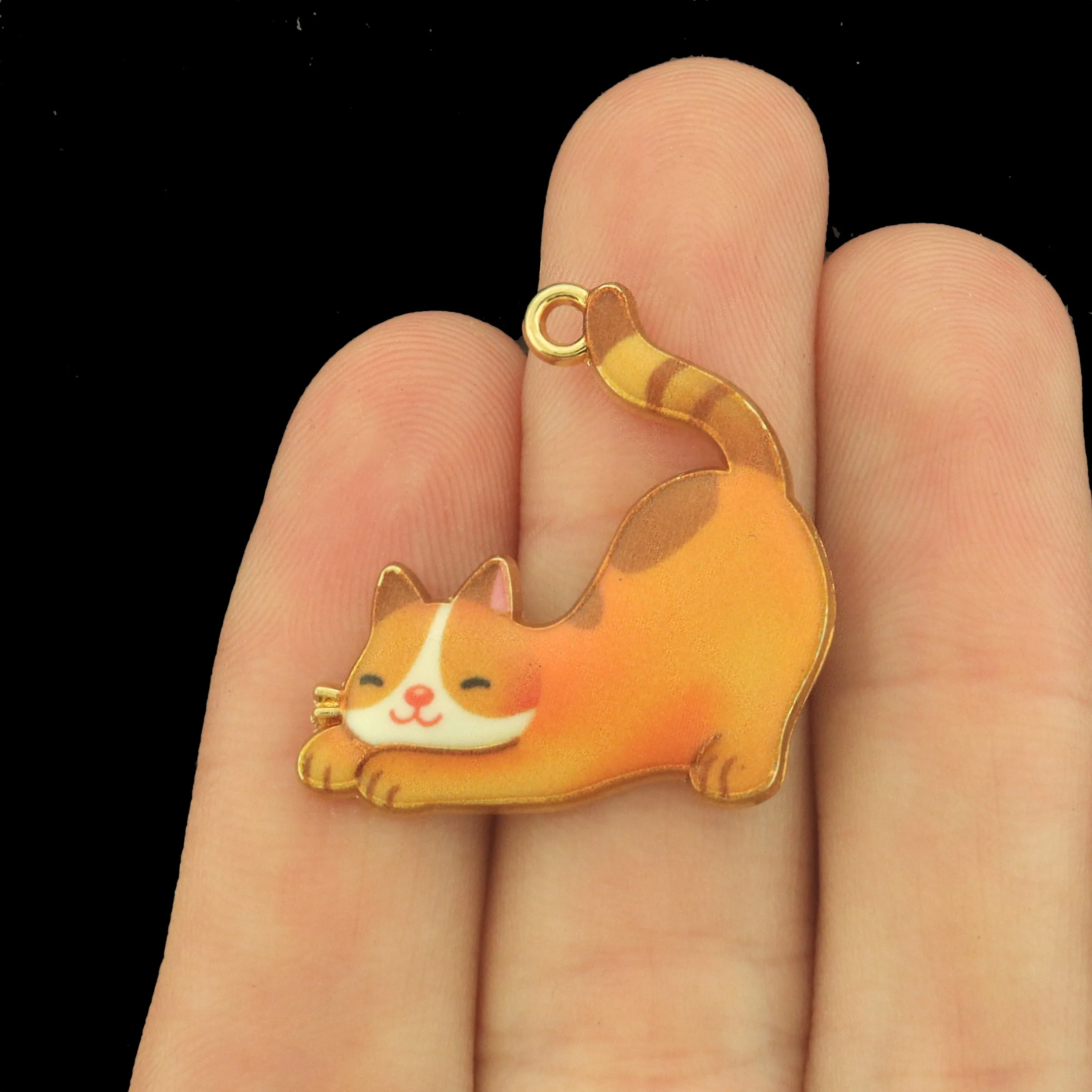 4 Orange Cat Gold Tone Enamel Charms - E1200