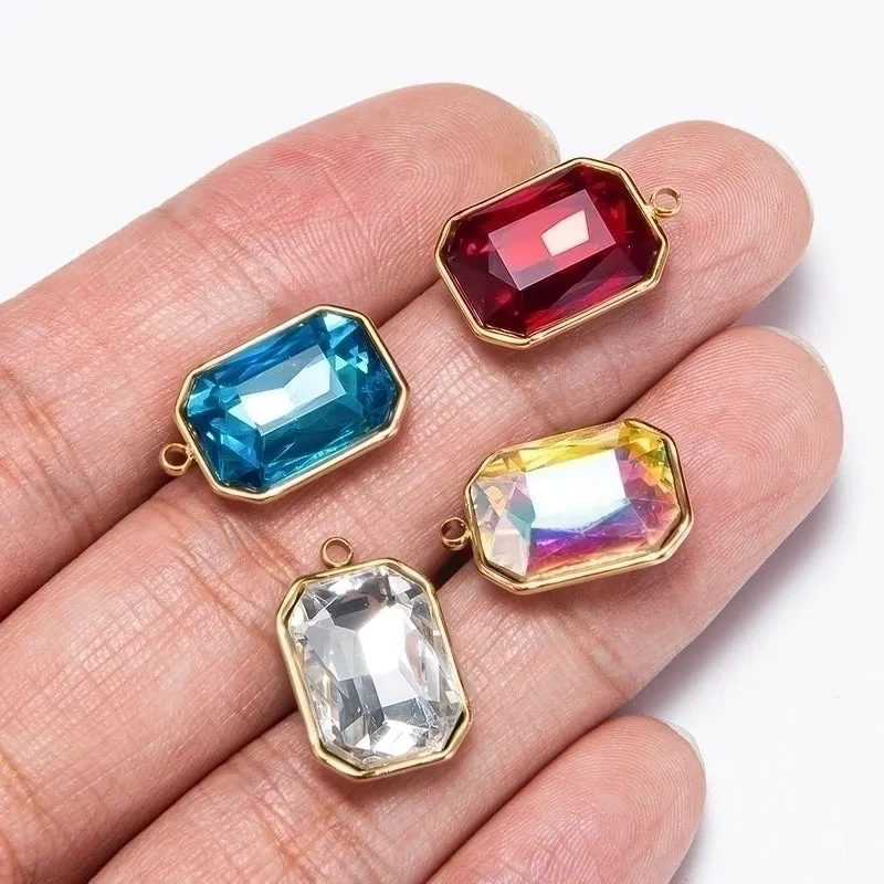 5 PCS/Package 12 * 16mm Hole 1~1.9mm Stainless Steel Glass Zircon Rectangle Polished Pendant