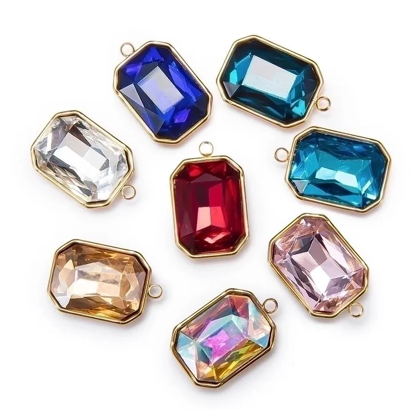 5 PCS/Package 12 * 16mm Hole 1~1.9mm Stainless Steel Glass Zircon Rectangle Polished Pendant