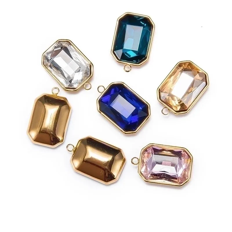 5 PCS/Package 12 * 16mm Hole 1~1.9mm Stainless Steel Glass Zircon Rectangle Polished Pendant