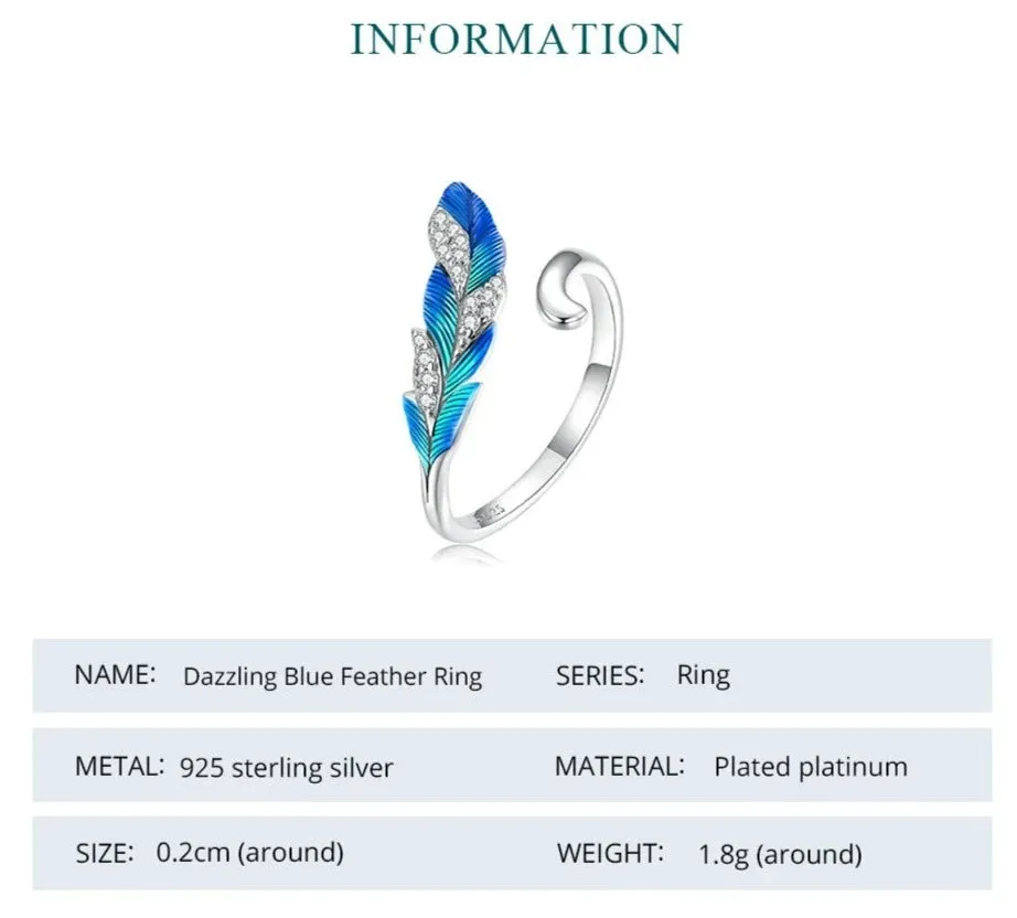 925 Sterling Silver Blue Feather Open Ring