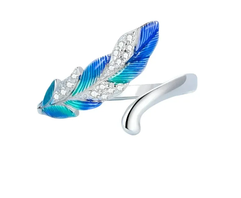 925 Sterling Silver Blue Feather Open Ring