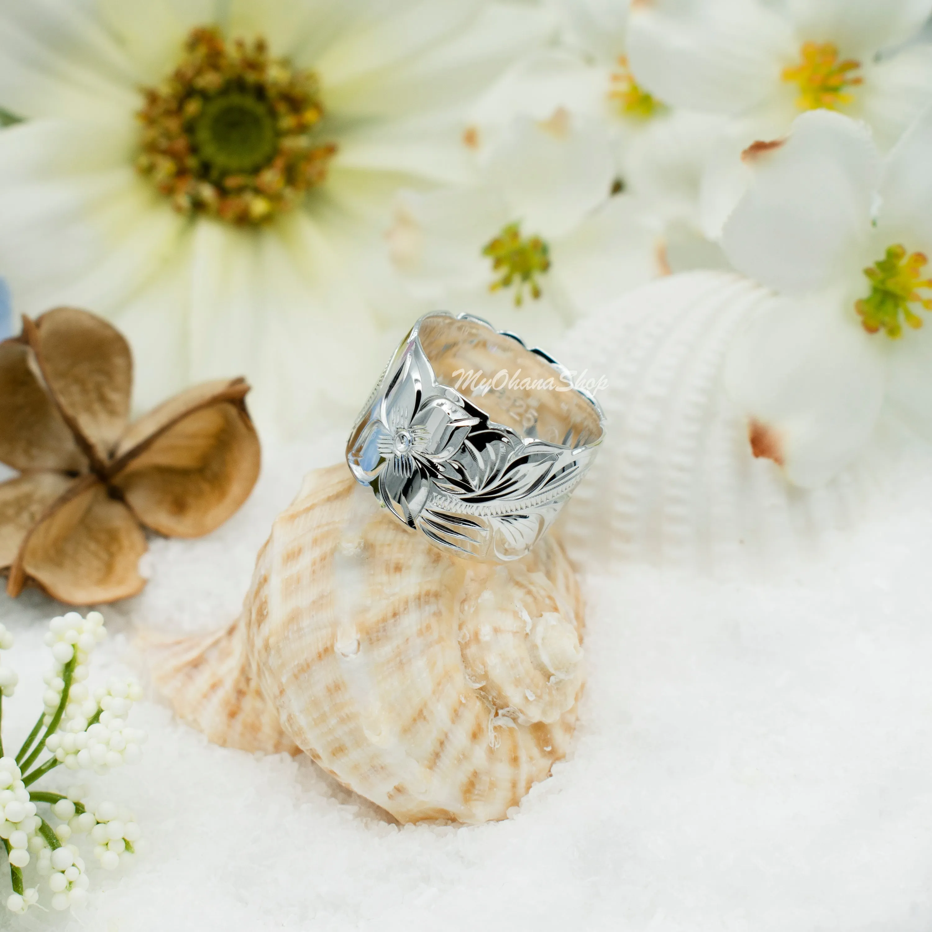 925 Sterling Silver Hand Carved Hawaiian Ring For Women. 15mm Wide, Hand Engraved, Scalloped Edge, Plumerias &amp; Scrolls Wedding, Engagement Band