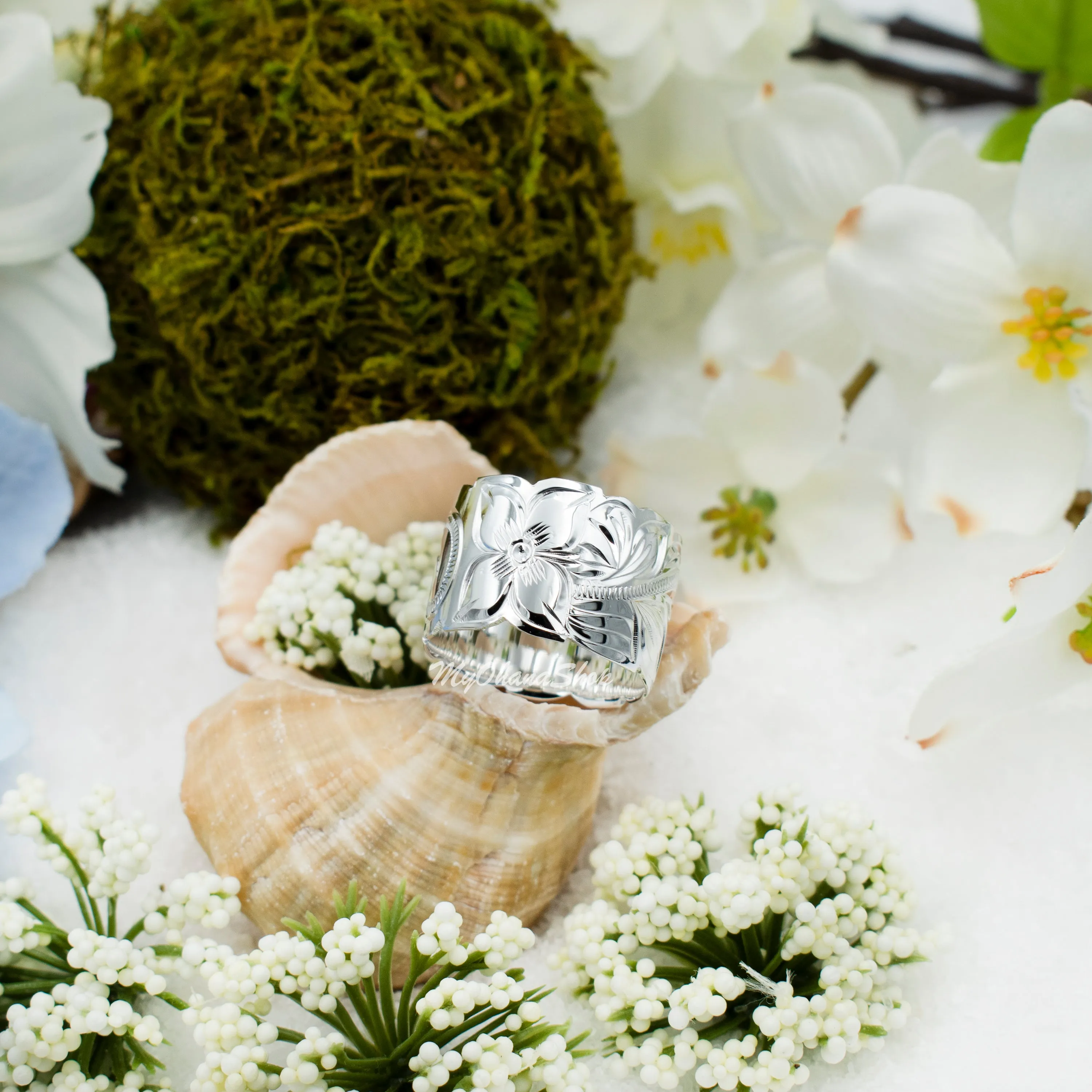 925 Sterling Silver Hand Carved Hawaiian Ring For Women. 15mm Wide, Hand Engraved, Scalloped Edge, Plumerias &amp; Scrolls Wedding, Engagement Band