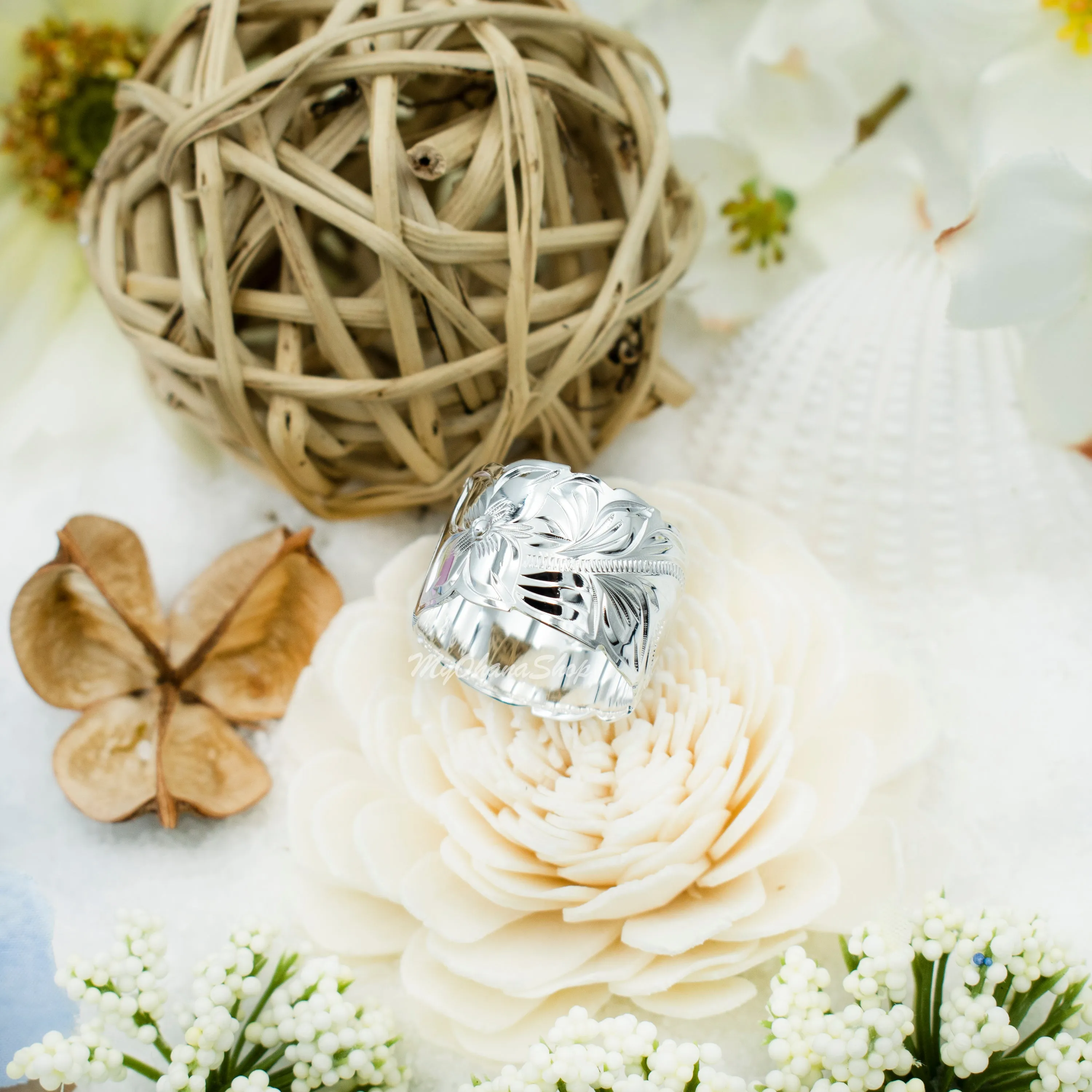 925 Sterling Silver Hand Carved Hawaiian Ring For Women. 15mm Wide, Hand Engraved, Scalloped Edge, Plumerias &amp; Scrolls Wedding, Engagement Band