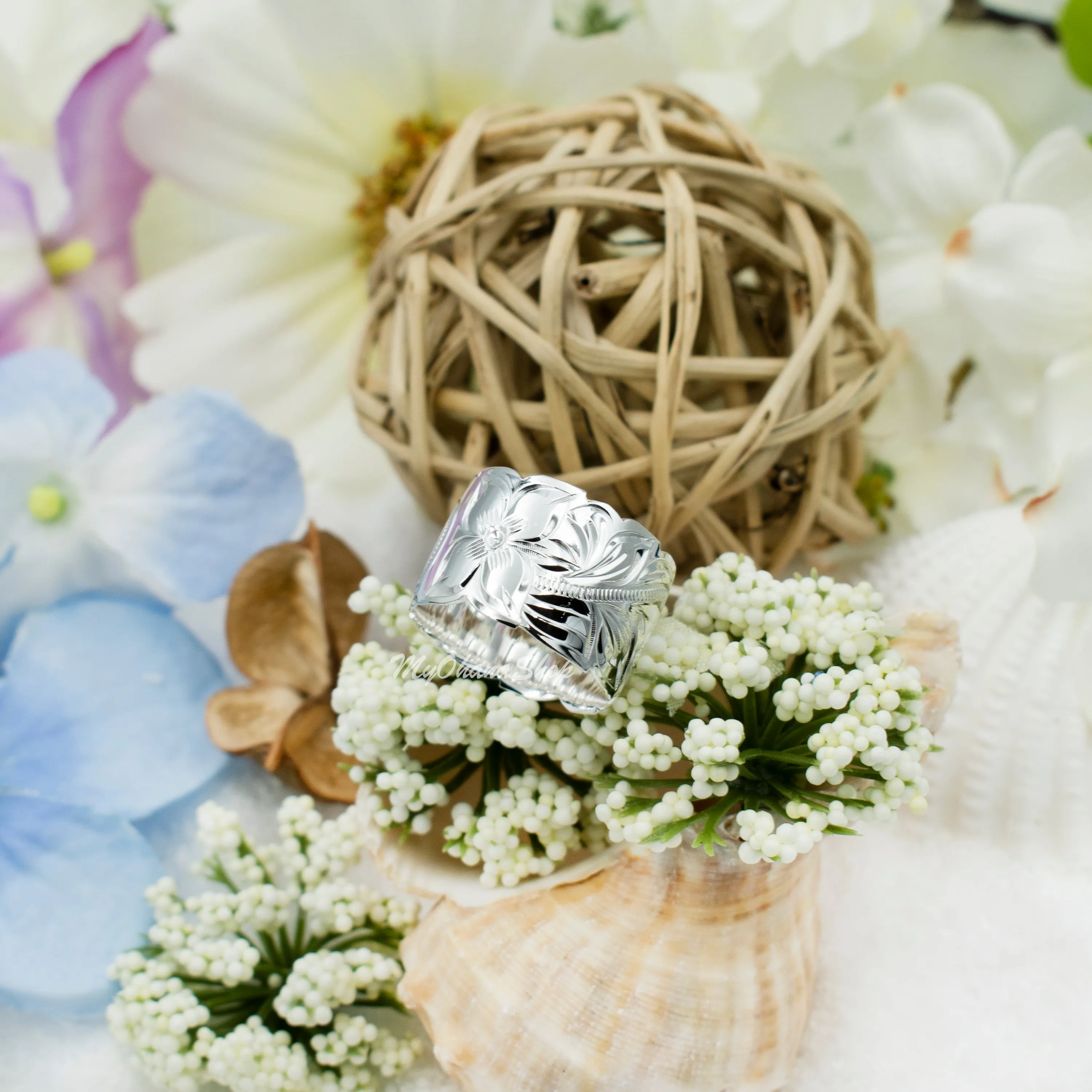 925 Sterling Silver Hand Carved Hawaiian Ring For Women. 15mm Wide, Hand Engraved, Scalloped Edge, Plumerias &amp; Scrolls Wedding, Engagement Band