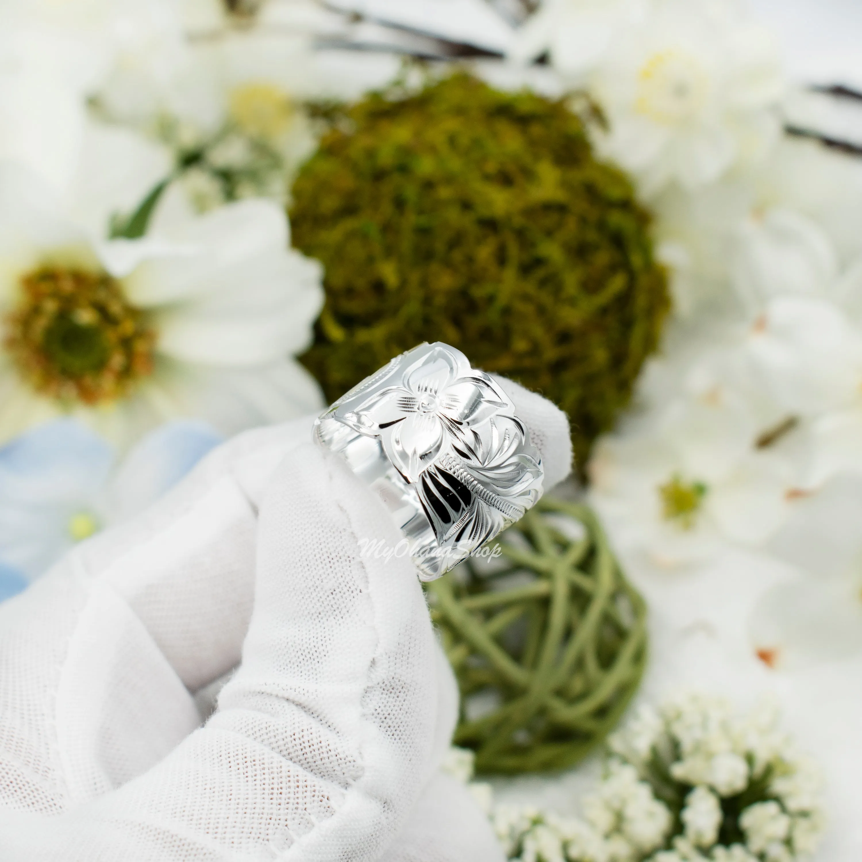 925 Sterling Silver Hand Carved Hawaiian Ring For Women. 15mm Wide, Hand Engraved, Scalloped Edge, Plumerias &amp; Scrolls Wedding, Engagement Band