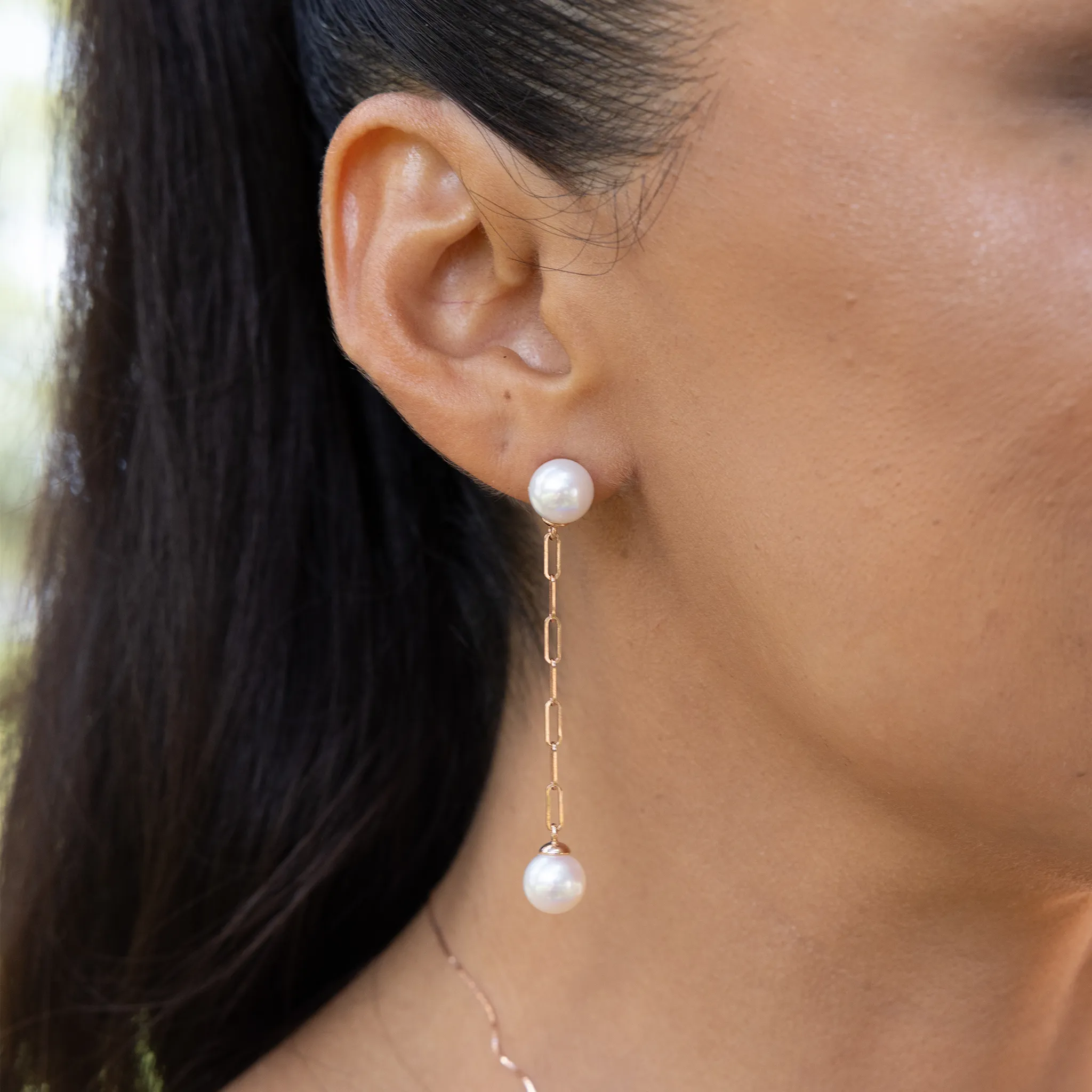 Akoya White Pearl Paperclip Chain Earrings in Rose Gold - 8mm