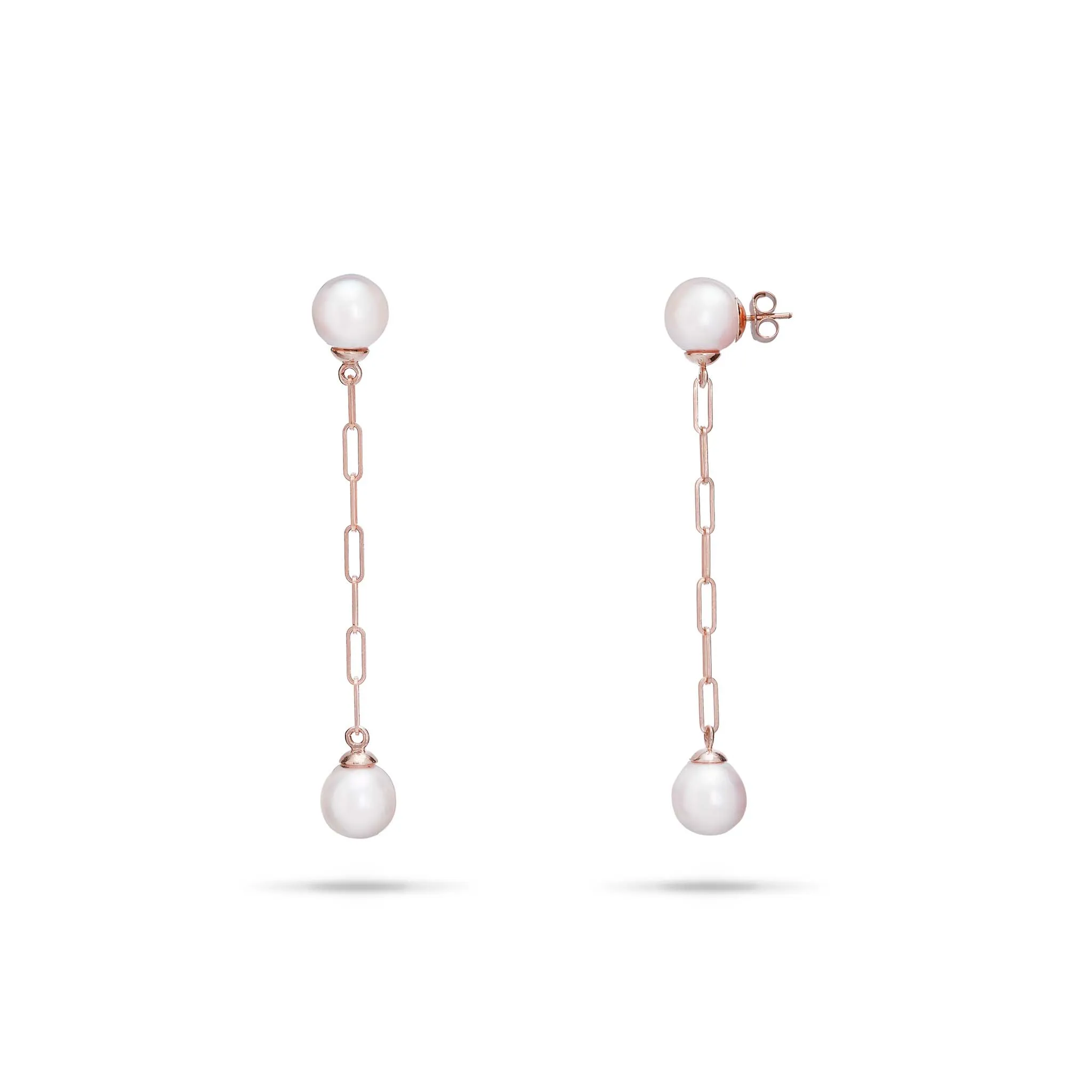 Akoya White Pearl Paperclip Chain Earrings in Rose Gold - 8mm