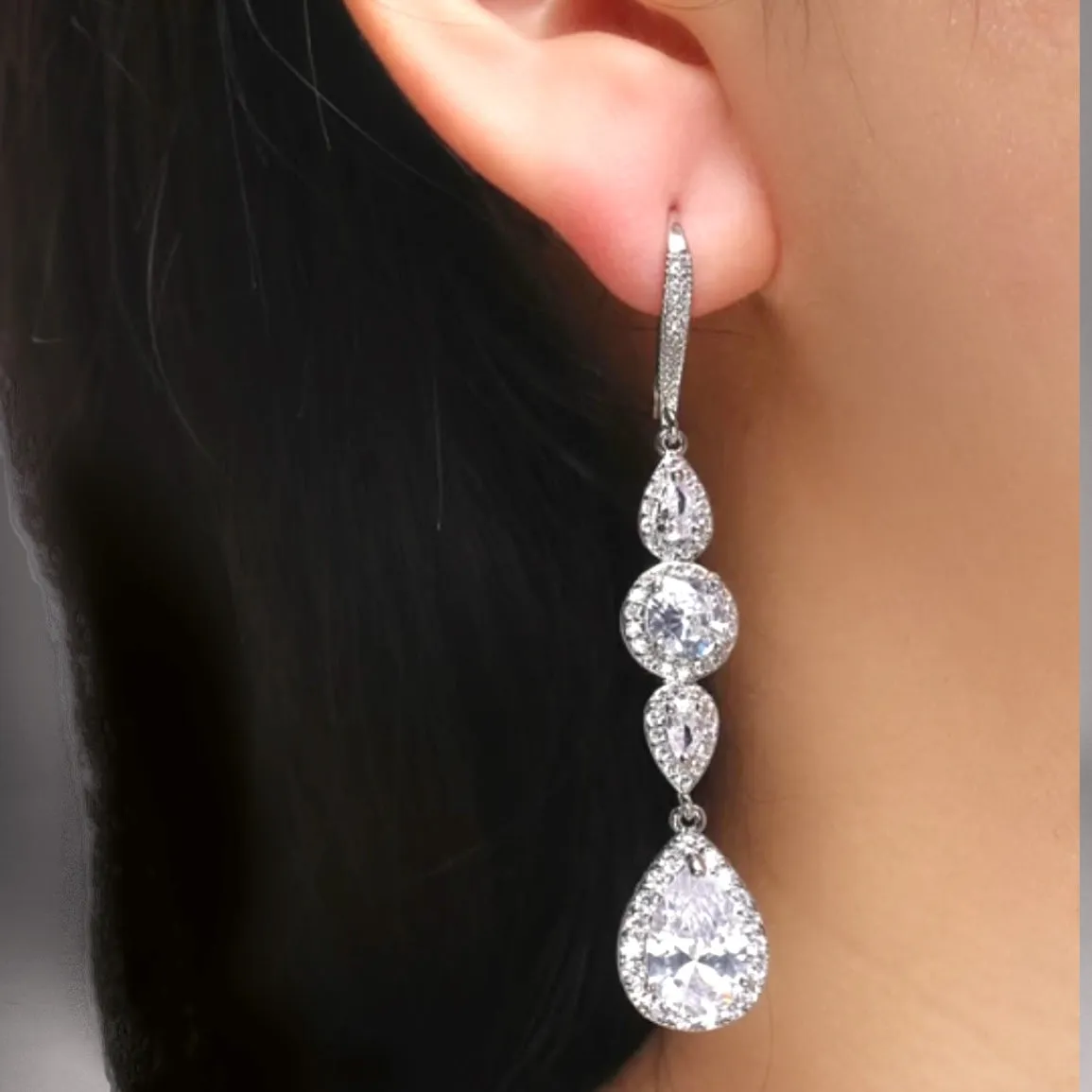 Alasandra Extra Long Modern Glam Dangle CZ Water Drop Earrings