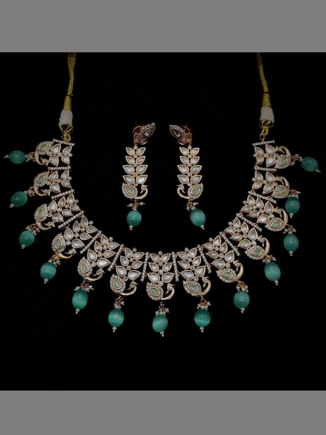 American Diamond Kundan Peacock Leaf Necklace Set