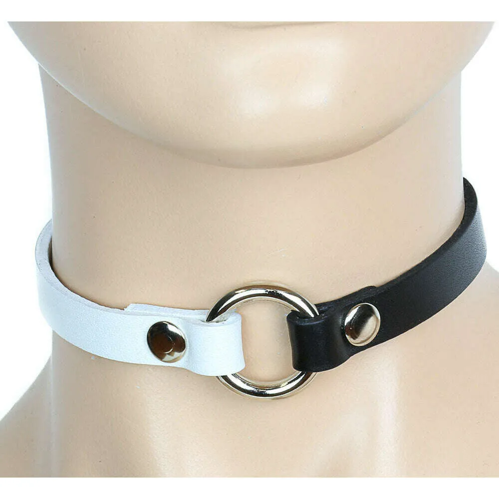 Black & White Leather Choker with Small Ring