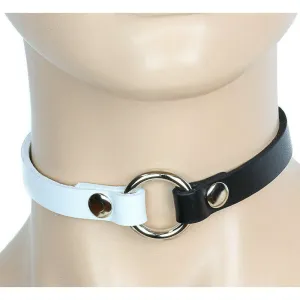 Black & White Leather Choker with Small Ring