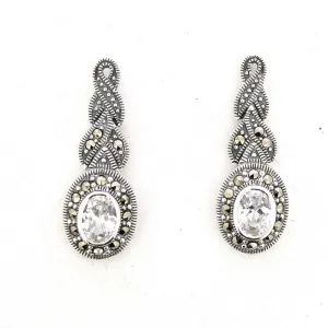 Bridal Earrings Vintage Wedding Silver Marcasite Earrings Oval Clear Crystal