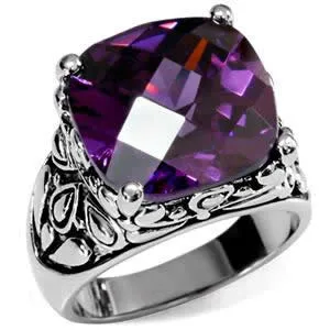 CJ7701OS Wholesale - Stainless Steel Ornate Amethyst Cushion Cut CZ Cocktail Ring