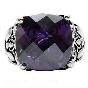 CJ7701OS Wholesale - Stainless Steel Ornate Amethyst Cushion Cut CZ Cocktail Ring