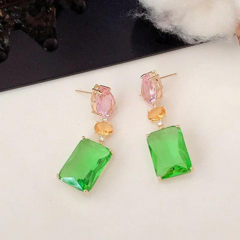 Colorful Pink Droplet Geometric Square Earrings with Zircon Accents