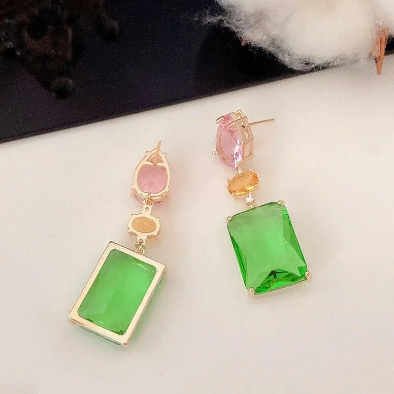 Colorful Pink Droplet Geometric Square Earrings with Zircon Accents