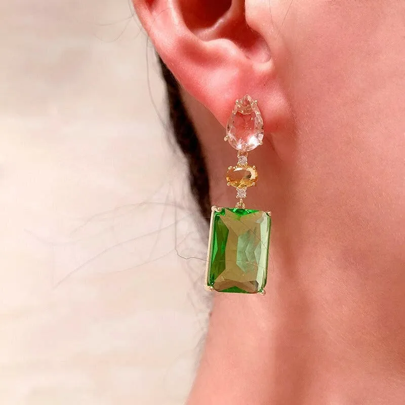 Colorful Pink Droplet Geometric Square Earrings with Zircon Accents