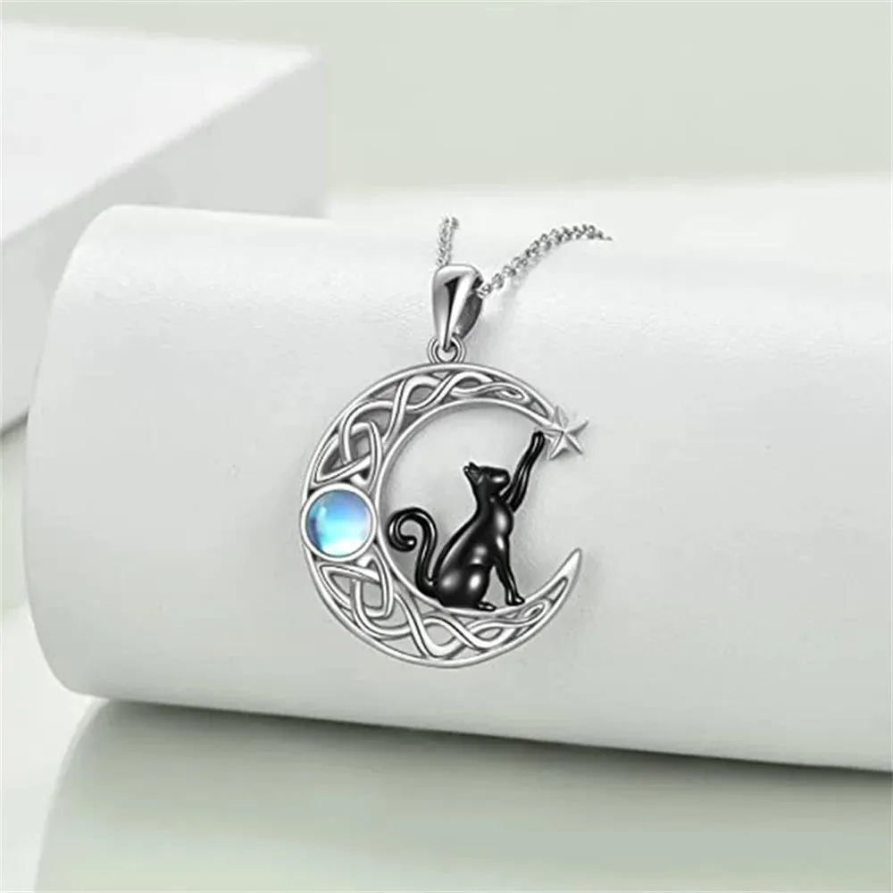 Cute Black Cat Moon Pendant Necklace