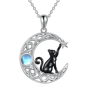 Cute Black Cat Moon Pendant Necklace