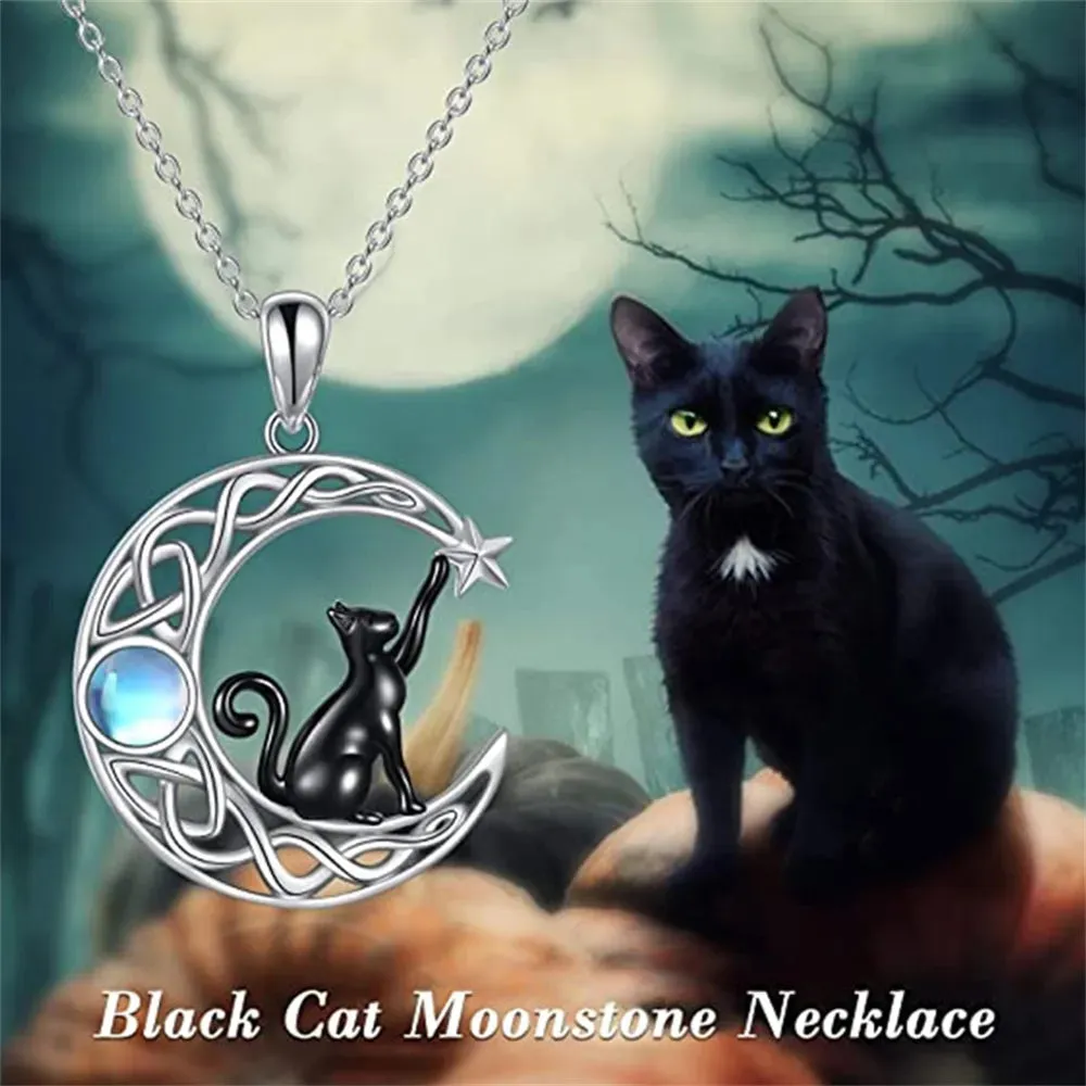 Cute Black Cat Moon Pendant Necklace