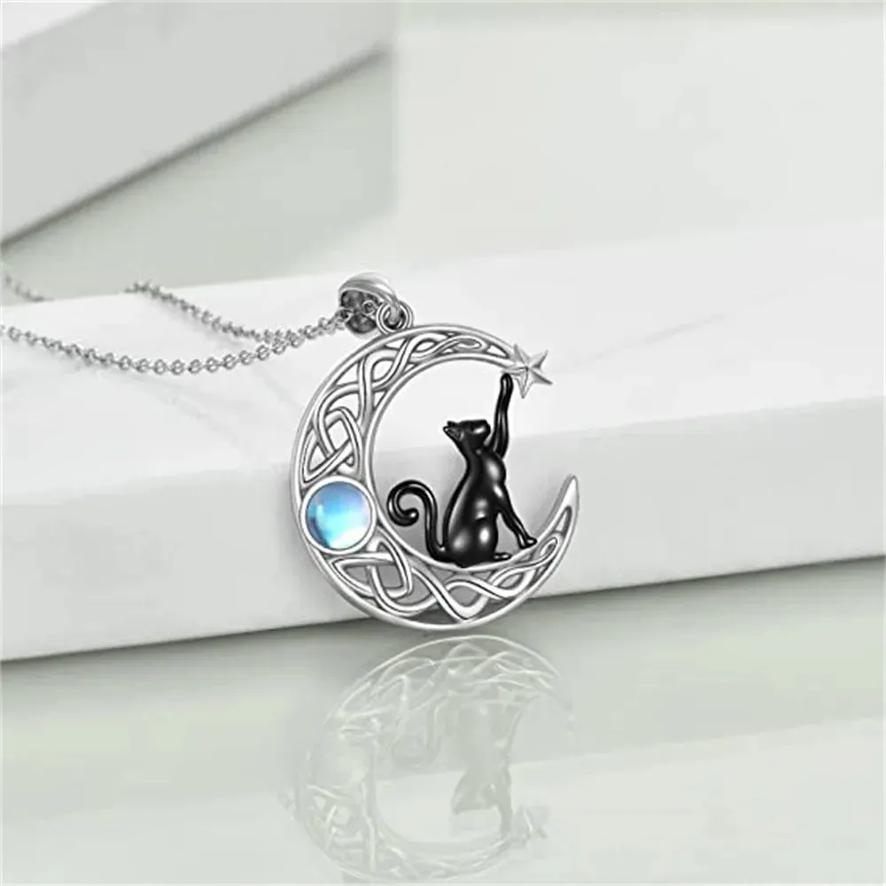 Cute Black Cat Moon Pendant Necklace