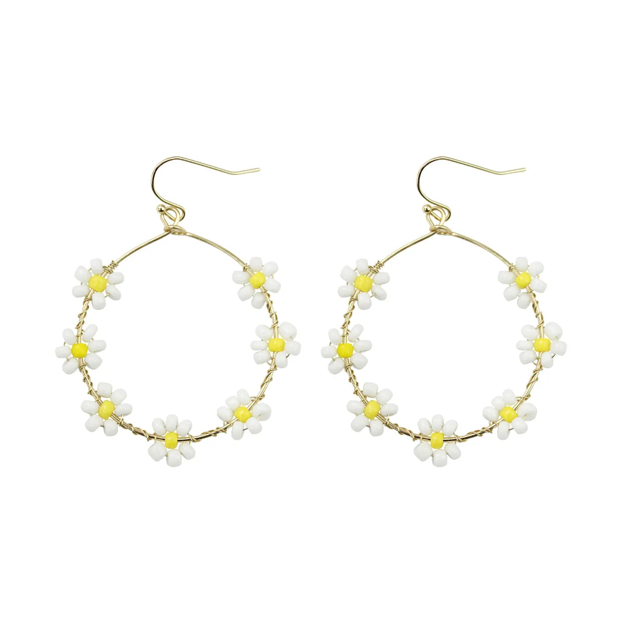 Daisy Seed Bead Floral Drop Gold Hoop Earrings - In 5 Colors