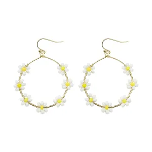 Daisy Seed Bead Floral Drop Gold Hoop Earrings - In 5 Colors