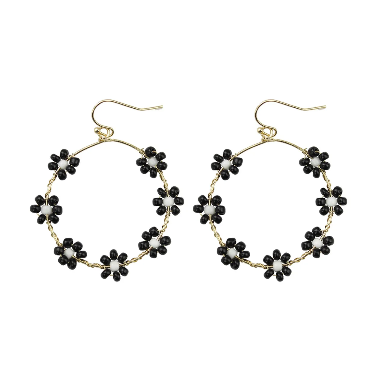 Daisy Seed Bead Floral Drop Gold Hoop Earrings - In 5 Colors