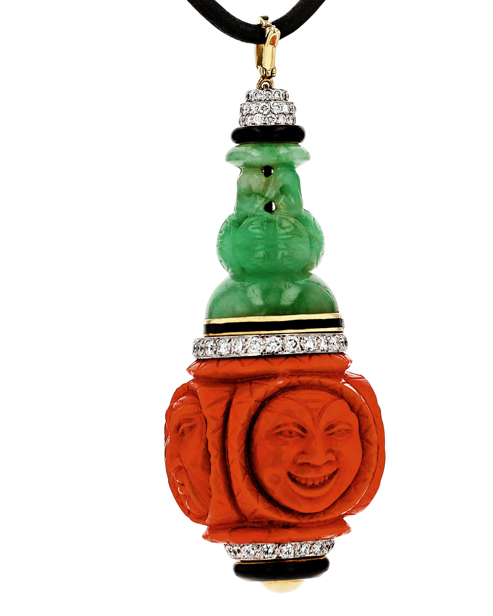 David Webb Carved Jade, Coral and Diamond Pendant