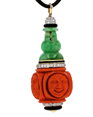 David Webb Carved Jade, Coral and Diamond Pendant